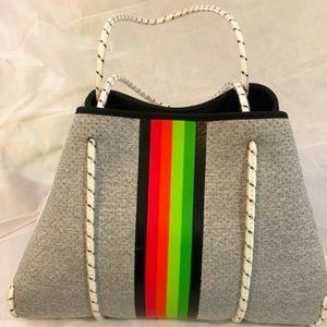 HAUTE SHORE Greyson Neoprene Gray/White Tote. Multi-Color Stripe.